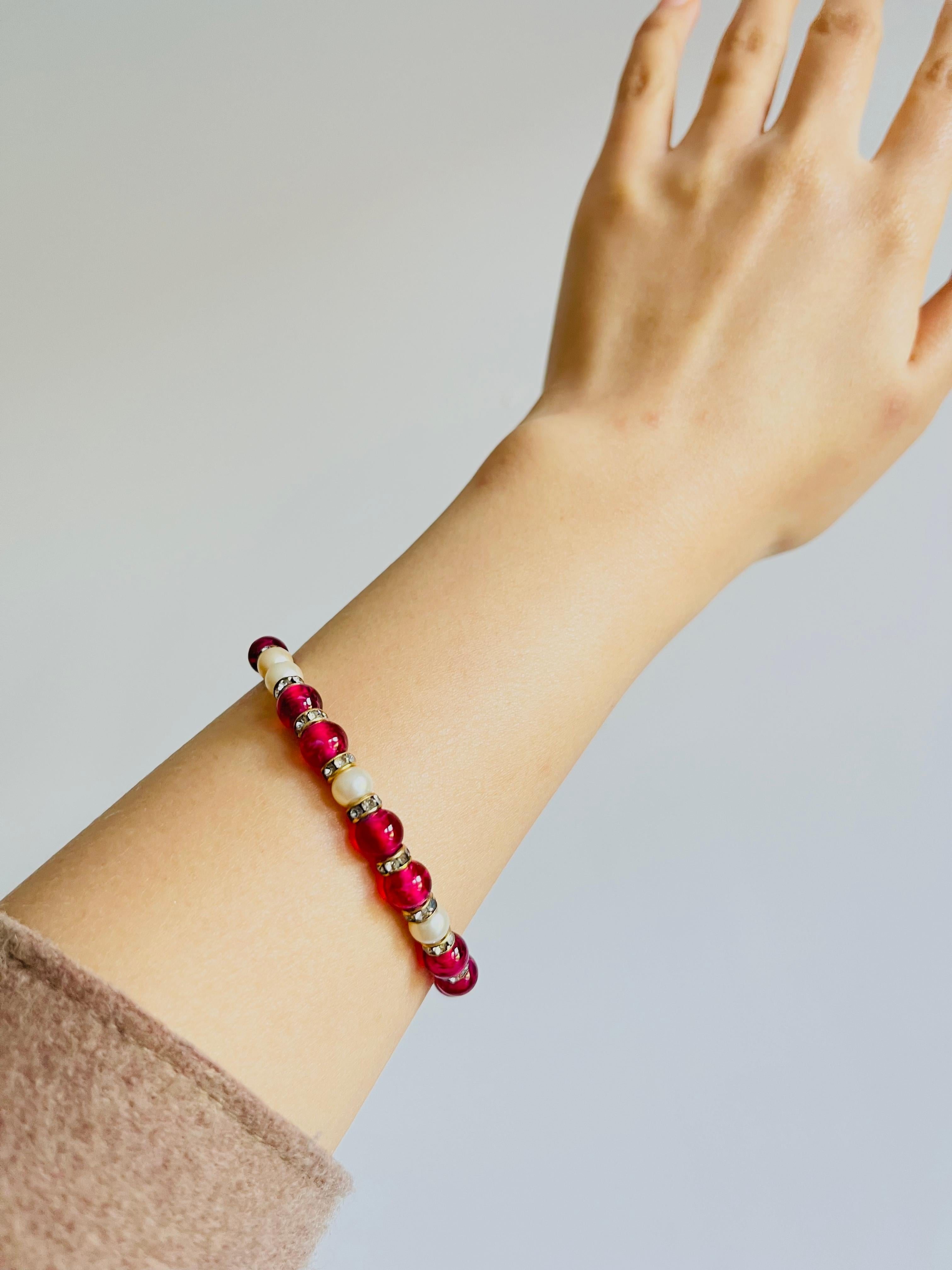 Christian Dior Vintage Ruby Cabochon White Beads Pearls Crystal Tennis Bracelet For Sale 2