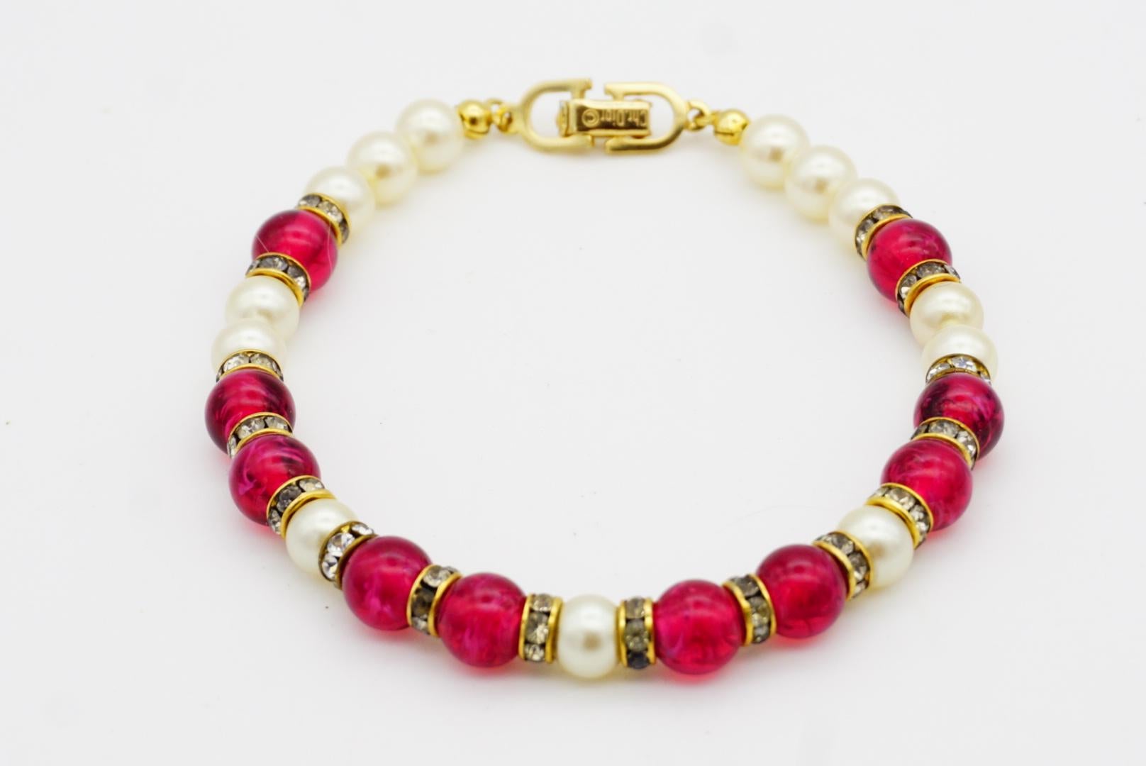 Christian Dior Vintage Ruby Cabochon White Beads Pearls Crystal Tennis Bracelet For Sale 3