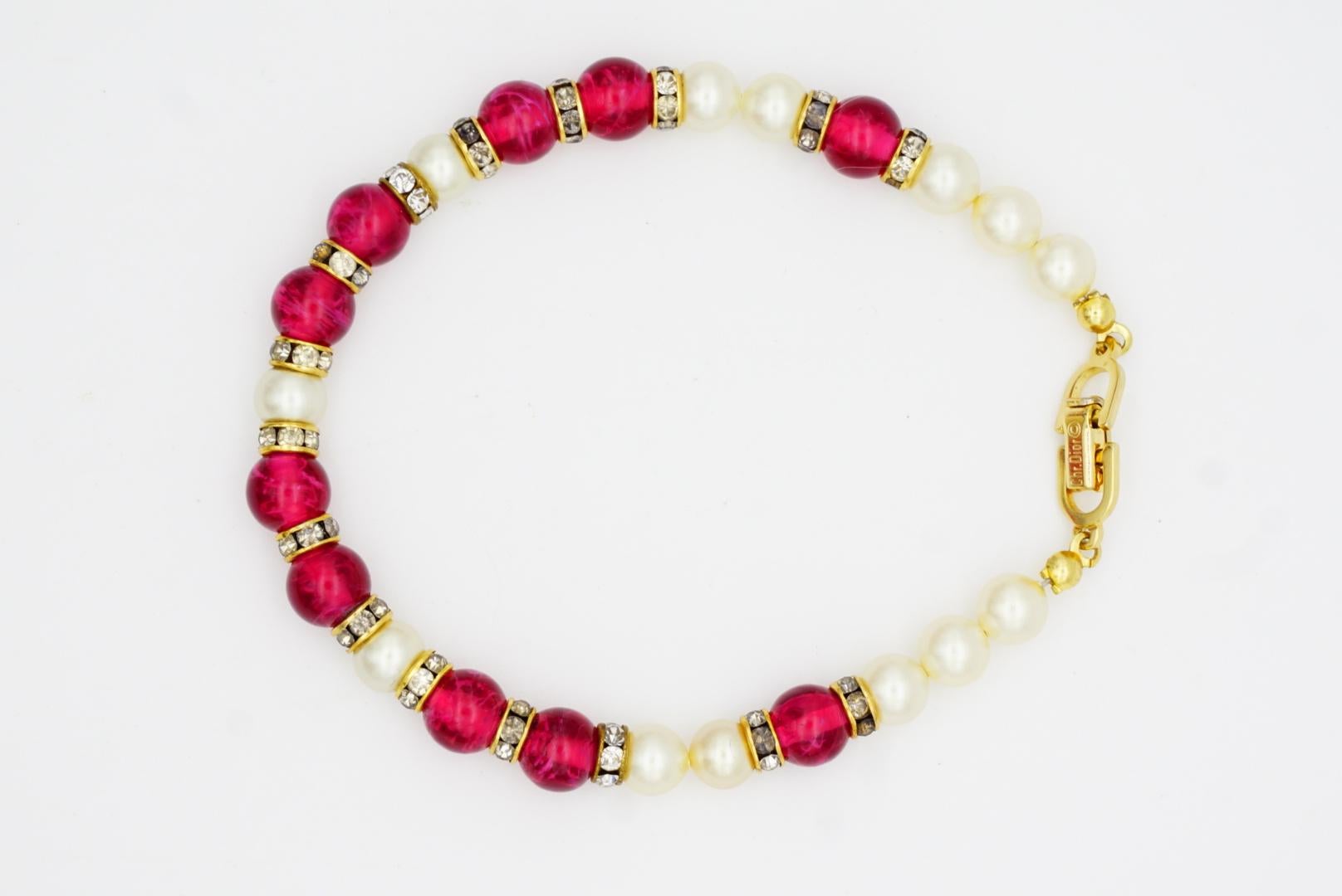 Christian Dior Vintage Ruby Cabochon White Beads Pearls Crystal Tennis Bracelet For Sale 4