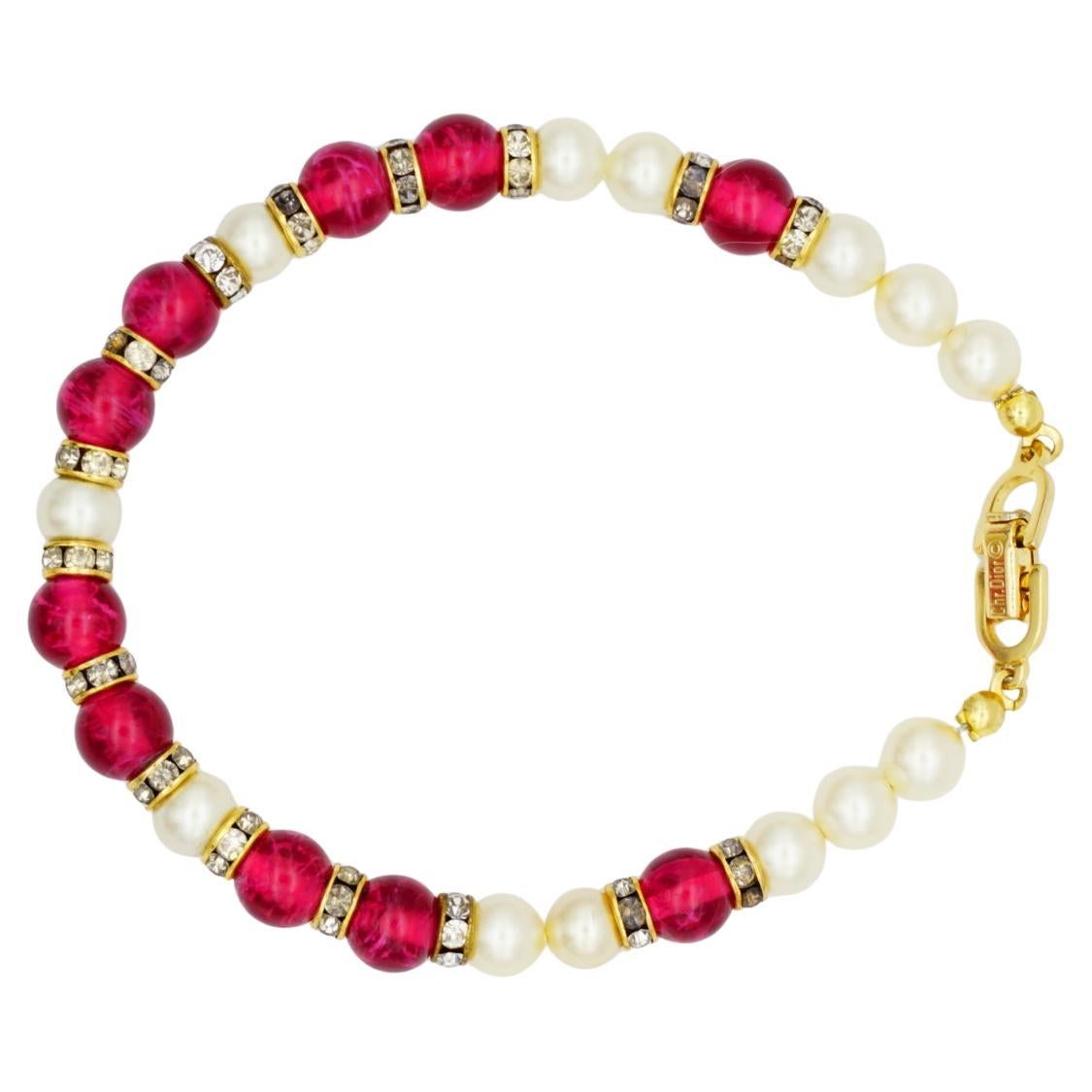Christian Dior Vintage Ruby Cabochon White Beads Pearls Crystal Tennis Bracelet For Sale