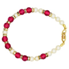 Christian Dior Vintage Ruby Cabochon White Beads Pearls Crystal Tennis Bracelet