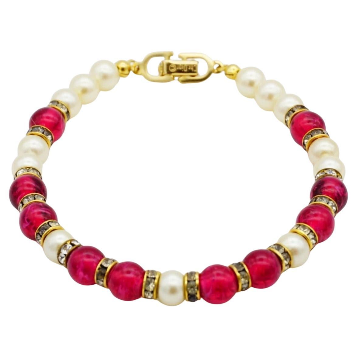 Christian Dior Bracciale Tennis Vintage Rubino Cabochon Perline Bianche Perle Cristallo