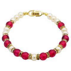 Christian Dior Vintage Ruby Cabochon White Beads Pearls Crystal Tennis Bracelet