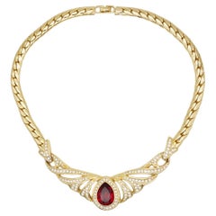 Christian Dior Vintage Ruby Crystals Gold Peacock Eye Water Drop Wing Necklace