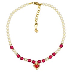 Christian Dior Vintage Ruby Heart White Pearls Crystals Cabochon Gold Necklace
