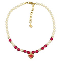 Christian Dior Vintage Ruby Heart White Pearls Crystals Cabochon Gold Necklace
