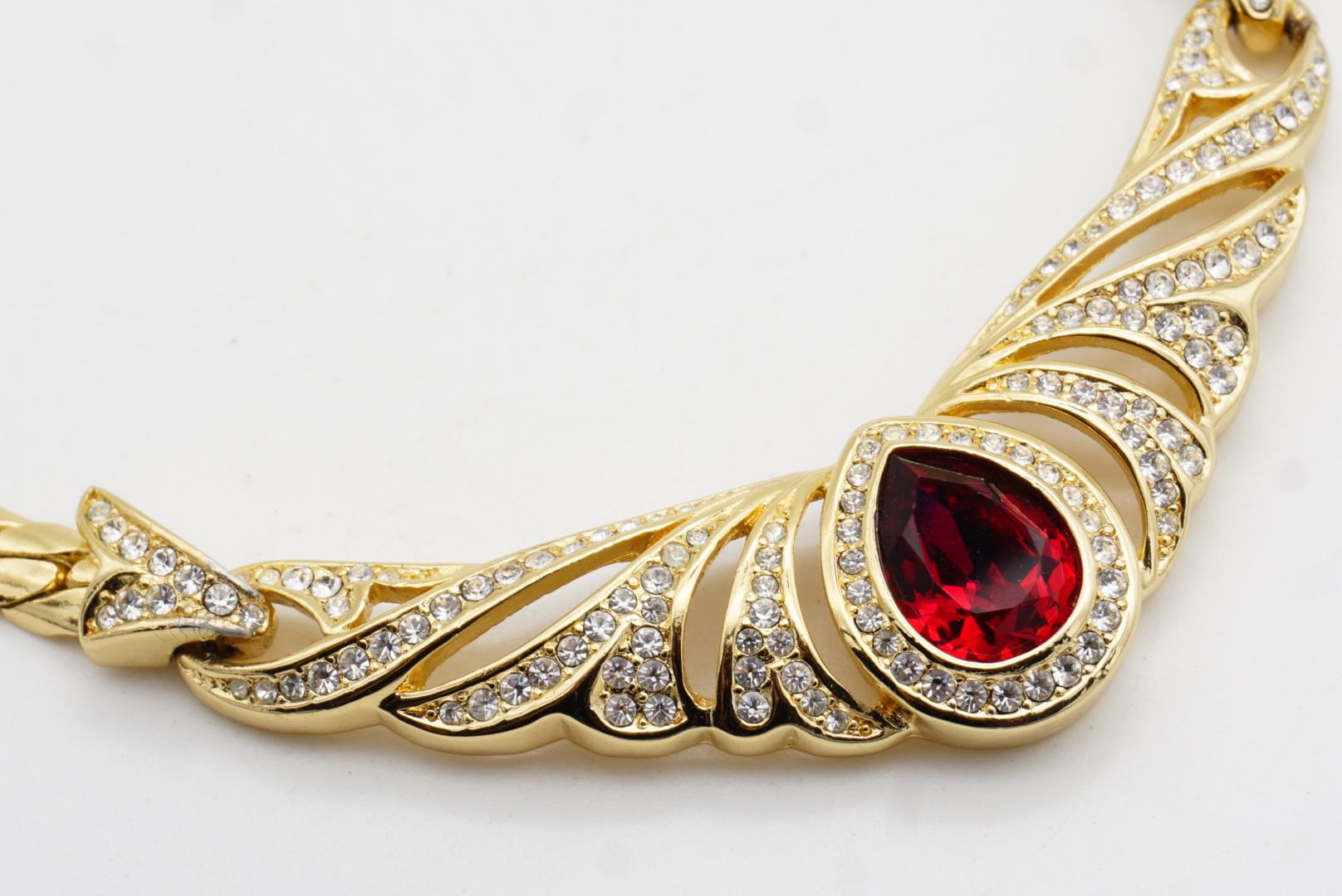 Christian Dior Vintage Ruby Peacock Eye Water Drop Crystals Wing Gold Necklace For Sale 6