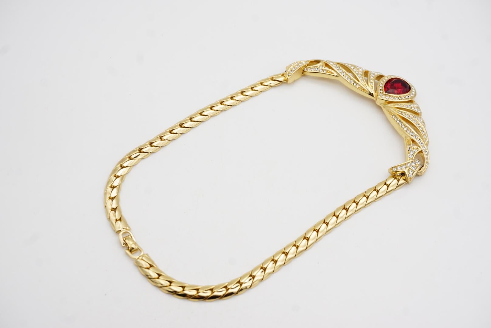 Christian Dior Vintage Ruby Peacock Eye Water Drop Crystals Wing Gold Necklace For Sale 12