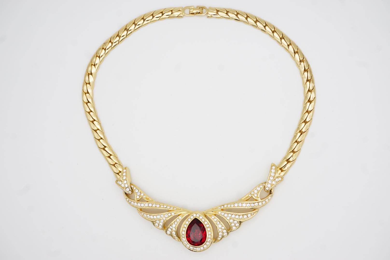 Christian Dior Vintage Ruby Peacock Eye Water Drop Crystals Wing Gold Necklace For Sale 2
