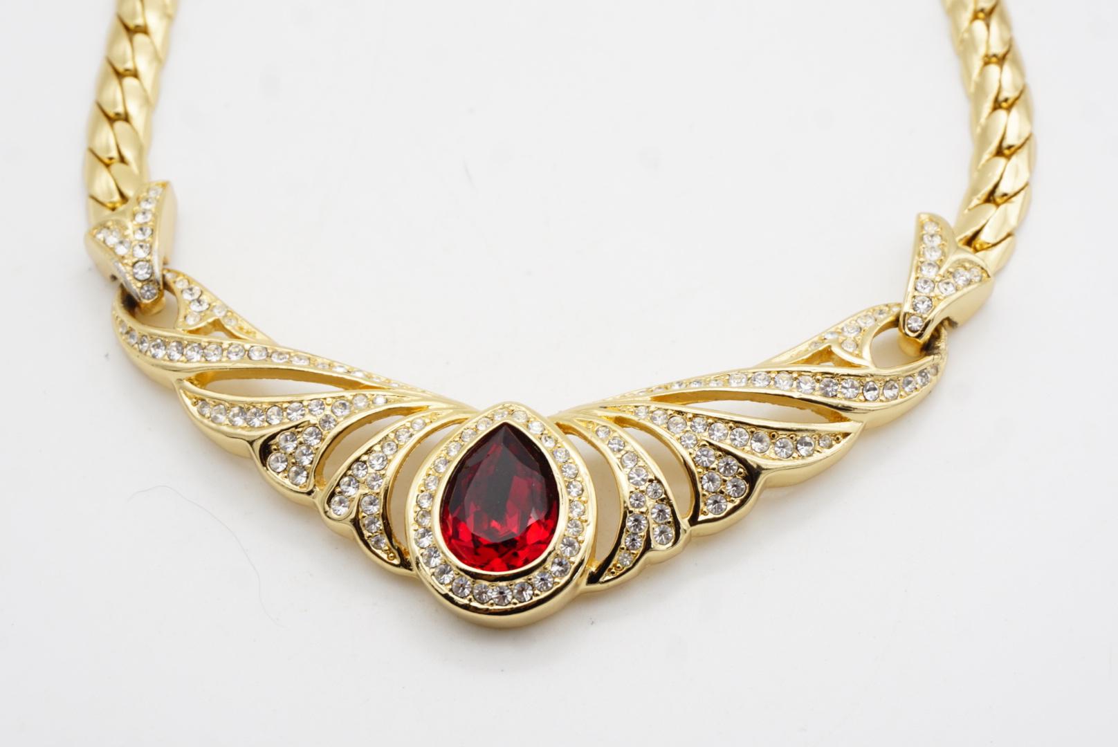 Christian Dior Vintage Ruby Peacock Eye Water Drop Crystals Wing Gold Necklace For Sale 3