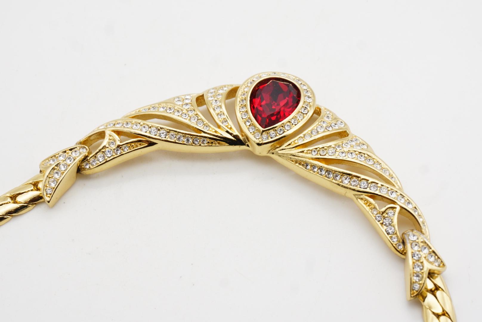 Christian Dior Vintage Ruby Peacock Eye Water Drop Crystals Wing Gold Necklace For Sale 4