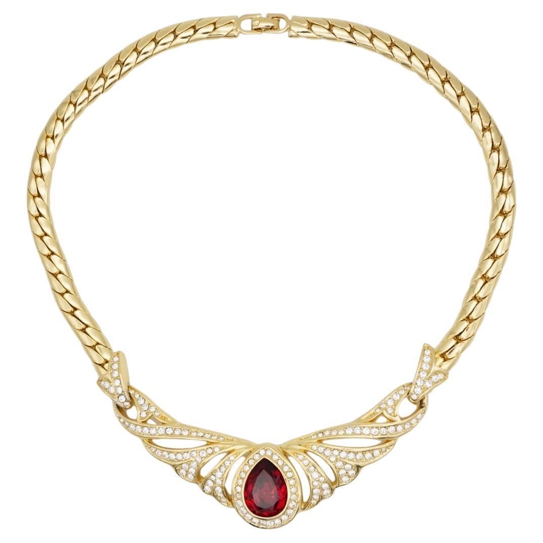 Christian Dior Vintage Ruby Peacock Eye Water Drop Crystals Wing Gold Necklace For Sale