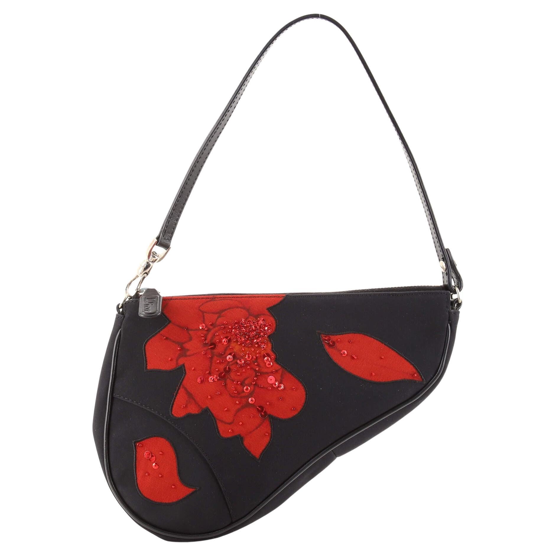 Christian Dior Vintage Saddle Bag Embroidered Satin Mini