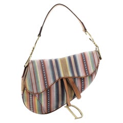 Christian Dior Vintage Saddle Bag Embroidered Striped Canvas Medium