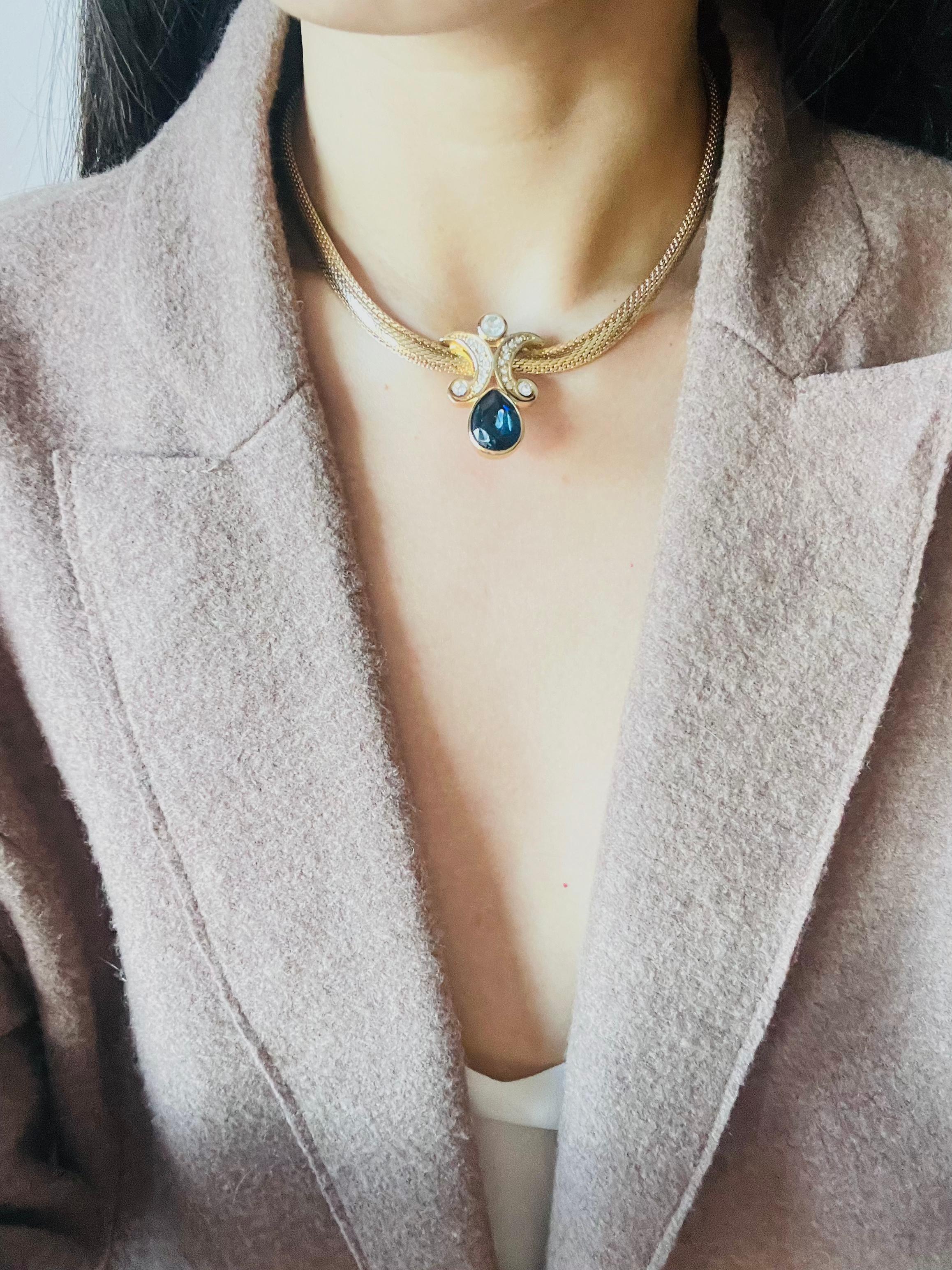 Christian Dior Vintage Sapphire Double Crystals Moons Water Drop Omega Necklace For Sale 1