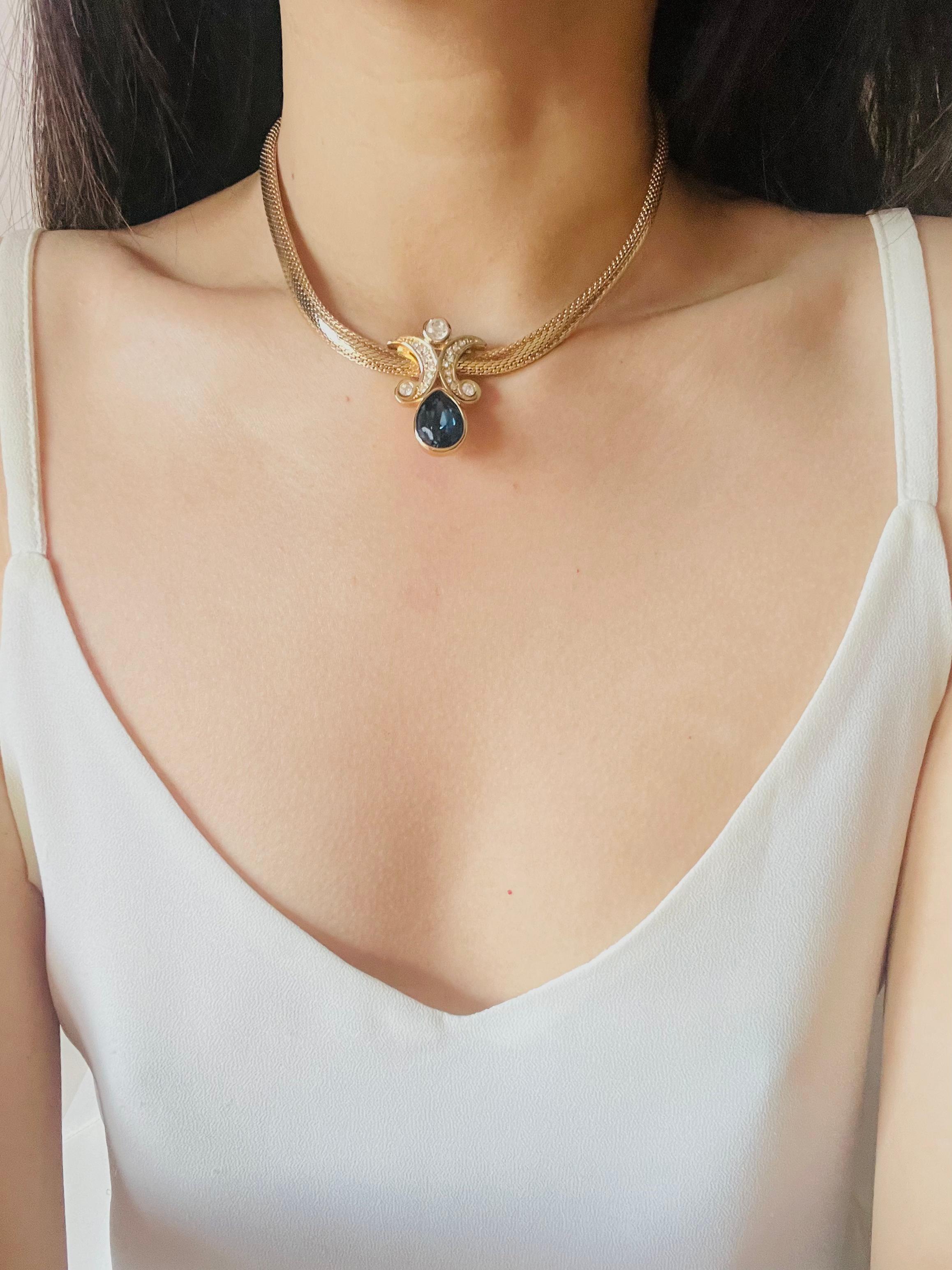Christian Dior Vintage Sapphire Double Crystals Moons Water Drop Omega Necklace For Sale 2