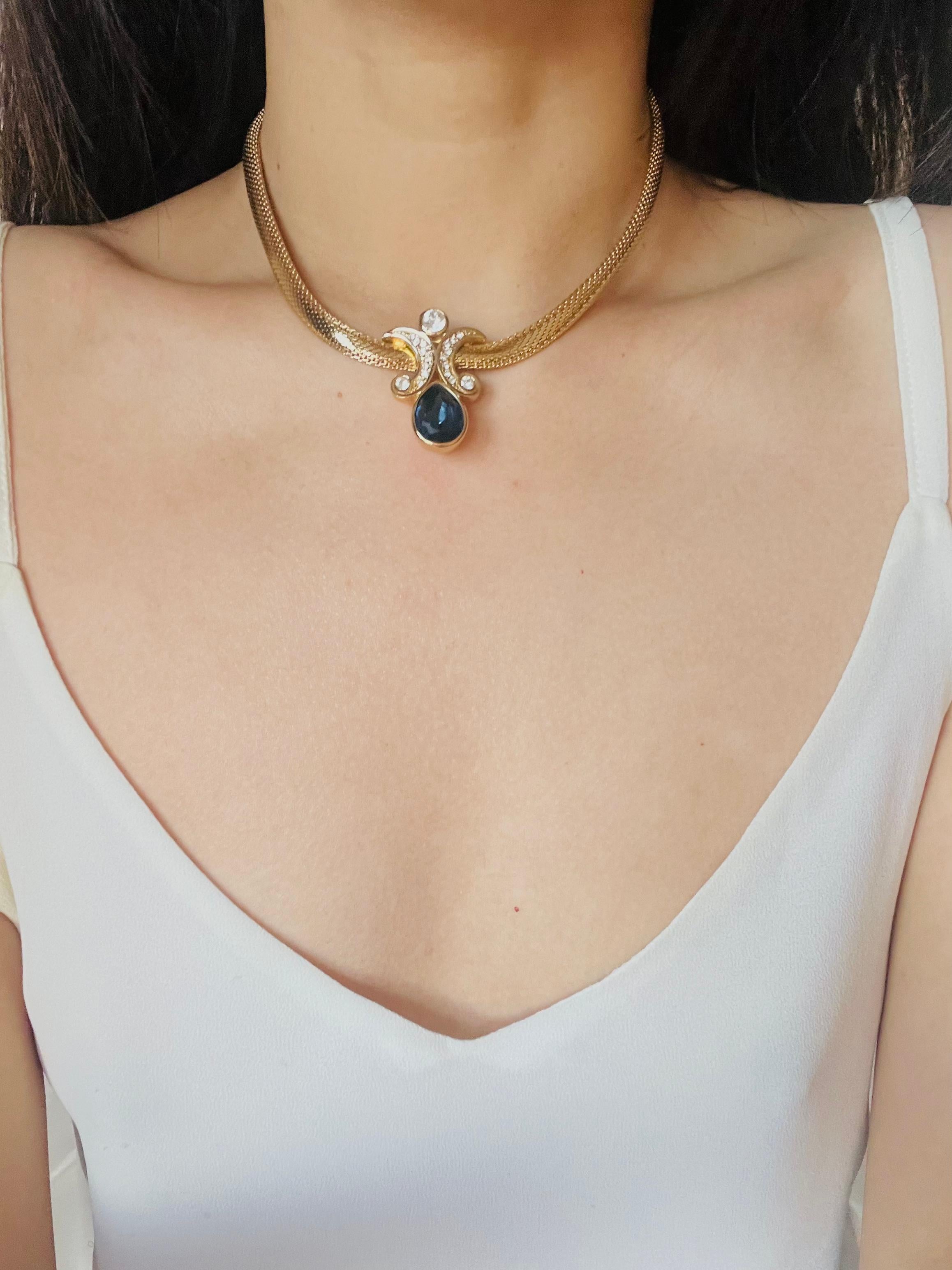 Christian Dior Vintage Sapphire Double Crystals Moons Water Drop Omega Necklace For Sale 3