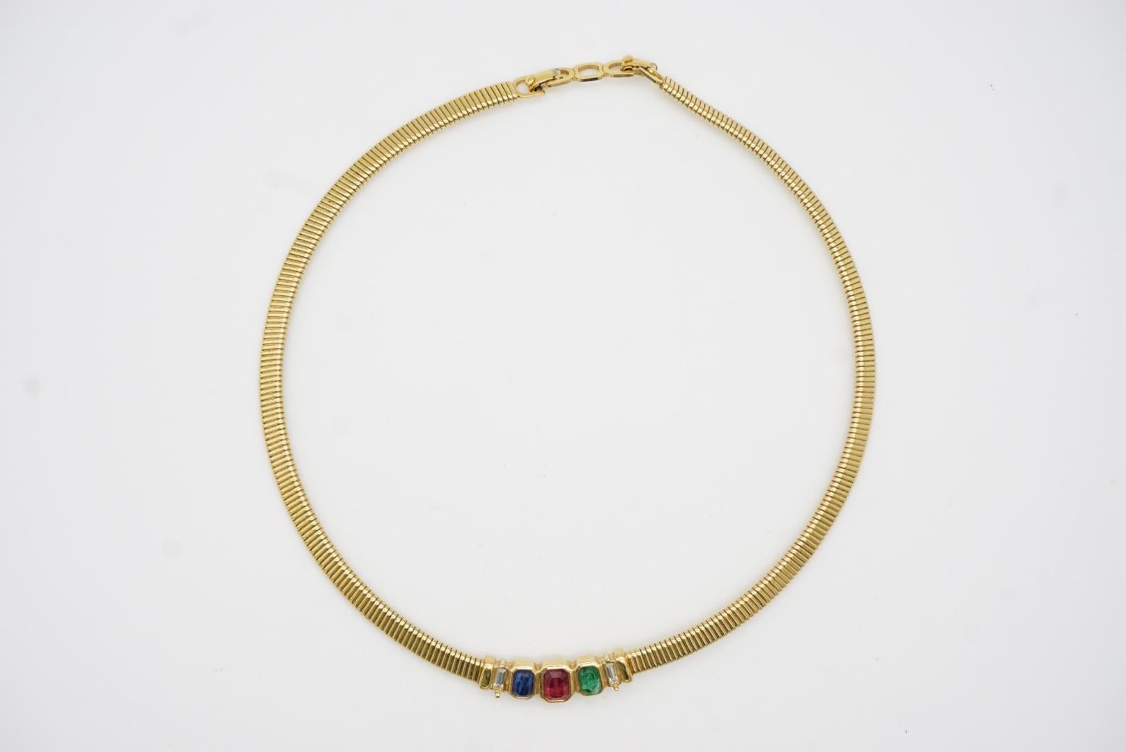 Christian Dior Vintage Sapphire Emerald Ruby Gripoix Omega Choker Gold Necklace For Sale 2
