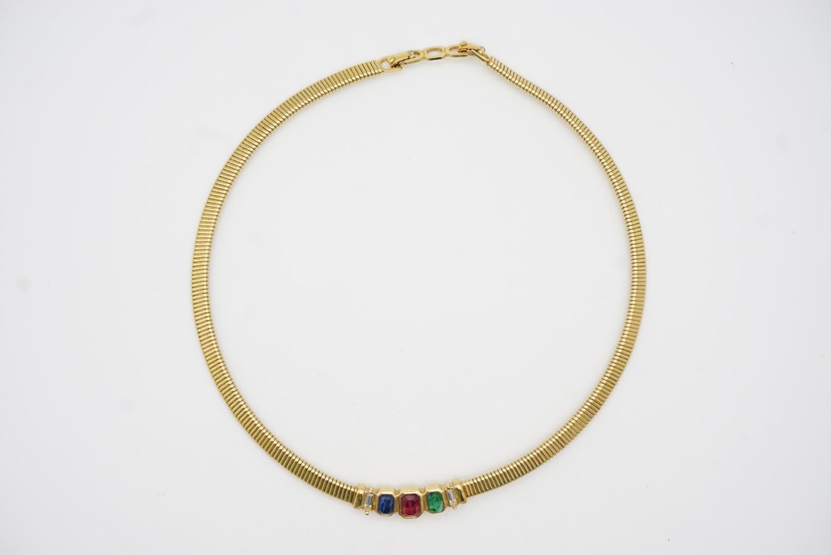 Christian Dior Vintage Sapphire Emerald Ruby Octagon Ribbed Omega Gold Necklace For Sale 6