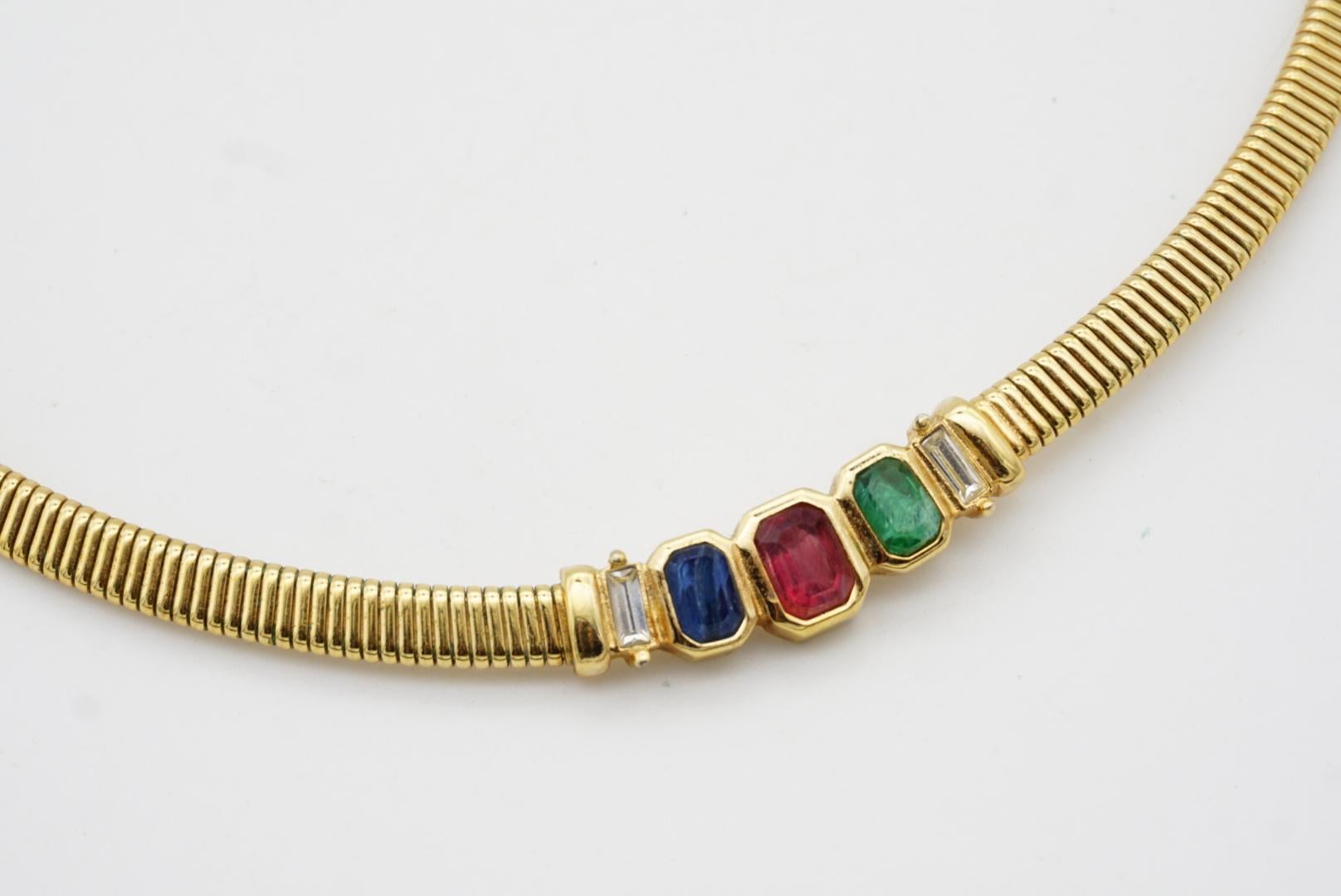 Christian Dior Vintage Sapphire Emerald Ruby Octagon Ribbed Omega Gold Necklace For Sale 7