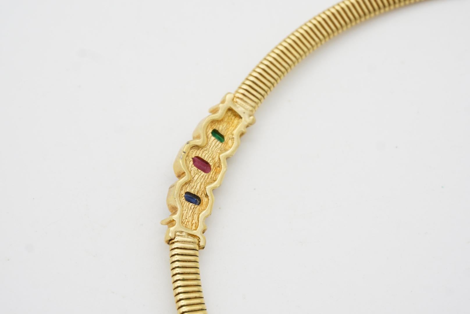 Christian Dior Vintage Sapphire Emerald Ruby Octagon Ribbed Omega Gold Necklace For Sale 8