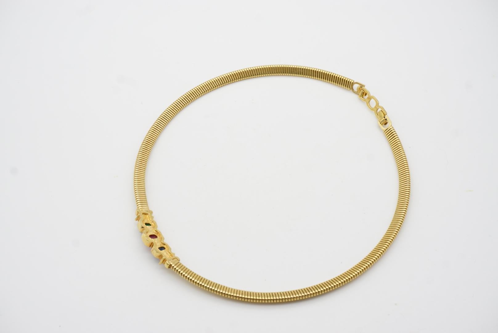 Christian Dior Vintage Sapphire Emerald Ruby Octagon Ribbed Omega Gold Necklace For Sale 9