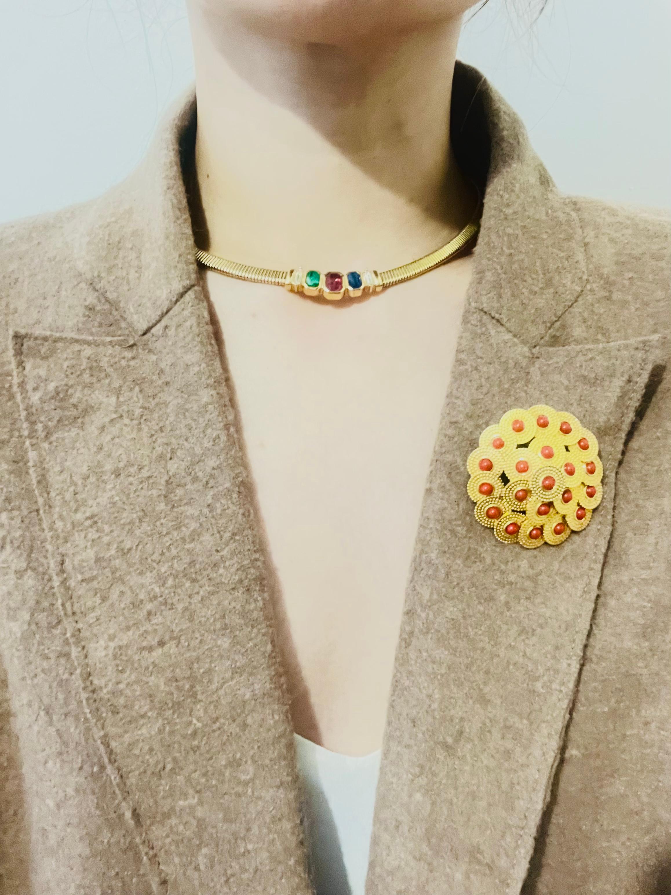 Christian Dior Vintage Sapphire Emerald Ruby Octagon Ribbed Omega Gold Necklace For Sale 2