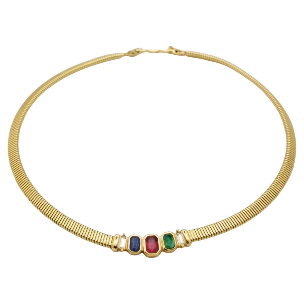 Christian Dior Vintage Sapphire Emerald Ruby Octagon Ribbed Omega Gold Necklace