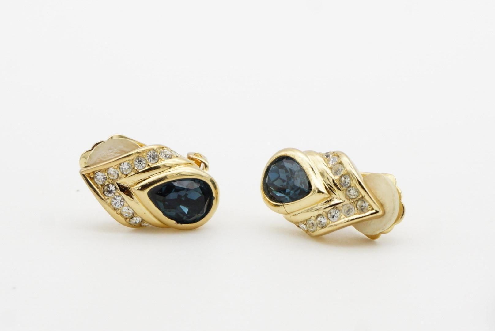 Christian Dior Vintage Sapphire Peacock Feather Crystal Tear Drop Clip Earrings 5