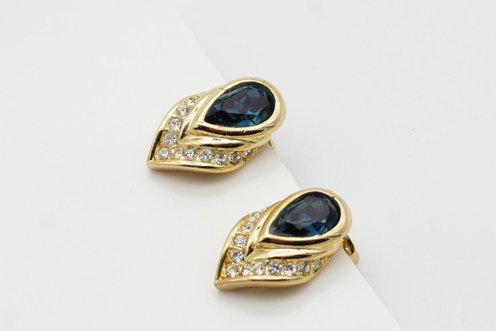 Christian Dior Vintage Sapphire Peacock Feather Crystal Tear Drop Clip Earrings 6