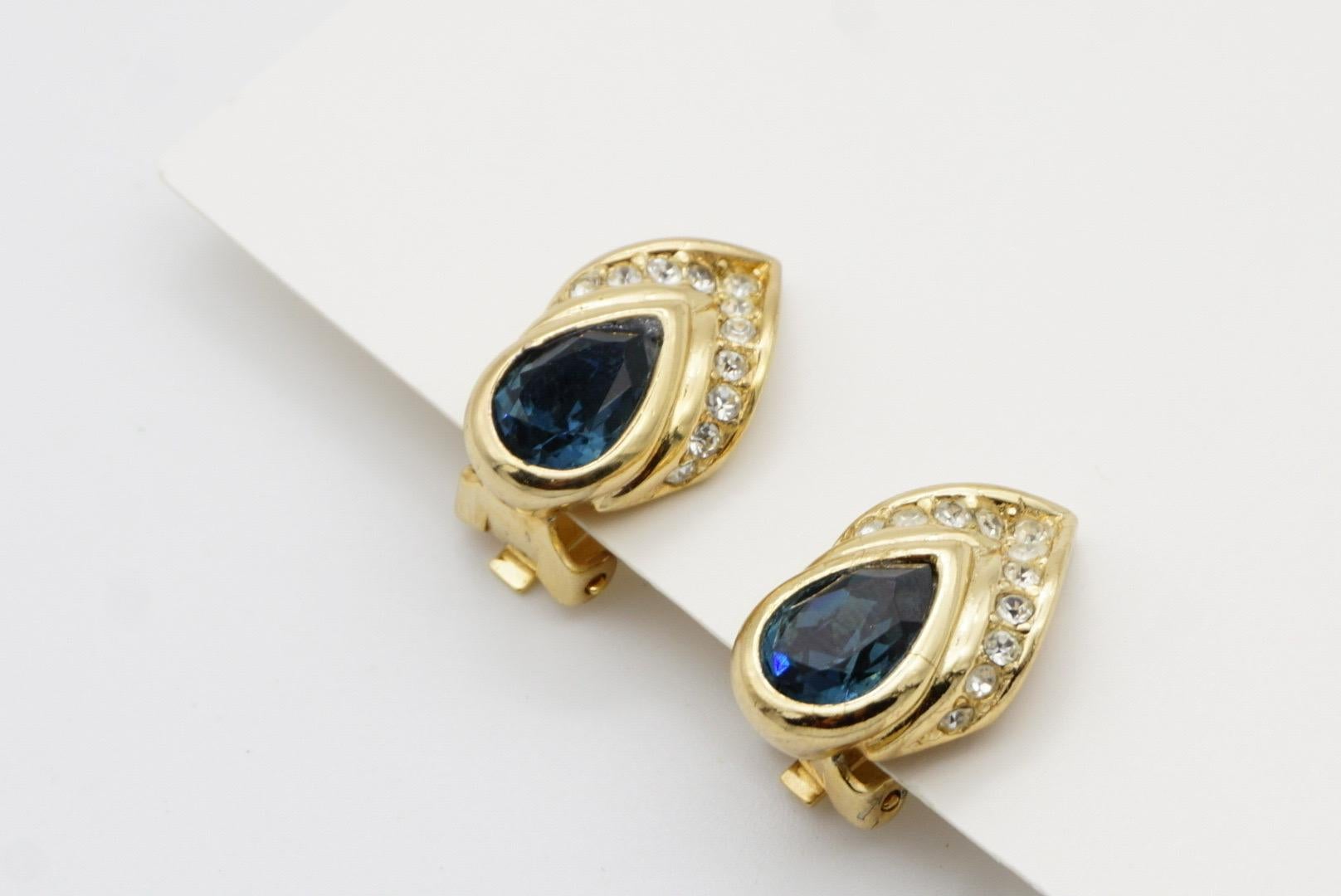 Christian Dior Vintage Sapphire Peacock Feather Crystal Tear Drop Clip Earrings 7