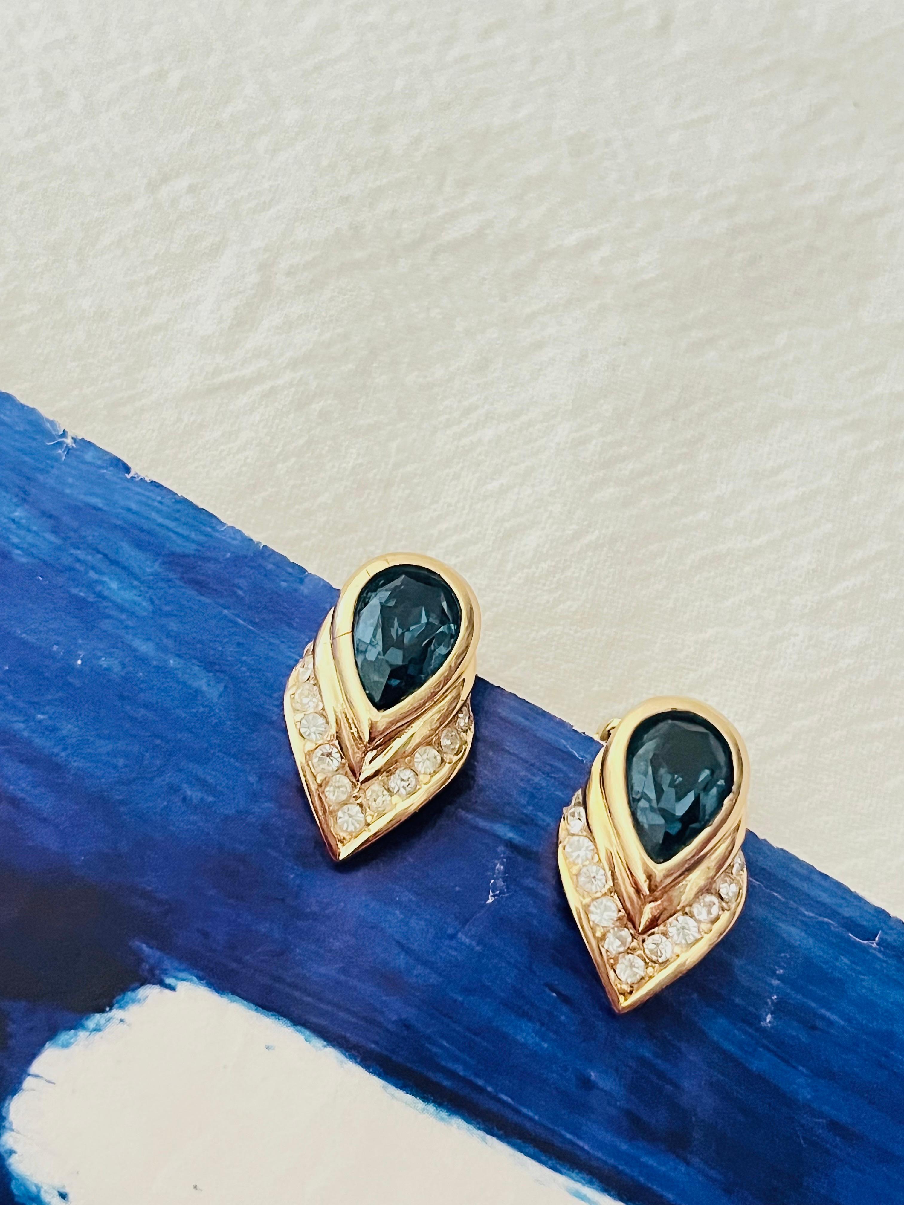 Art Deco Christian Dior Vintage Sapphire Peacock Feather Crystal Tear Drop Clip Earrings