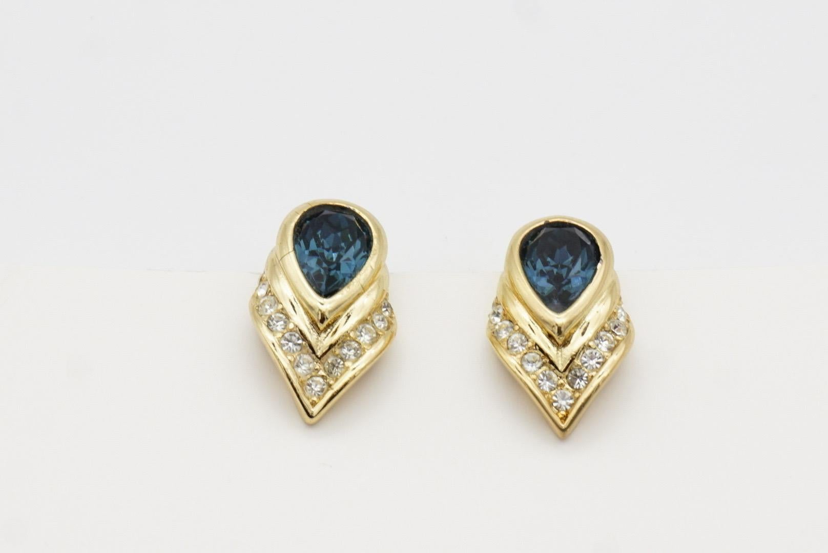 Christian Dior Vintage Sapphire Peacock Feather Crystal Tear Drop Clip Earrings 4