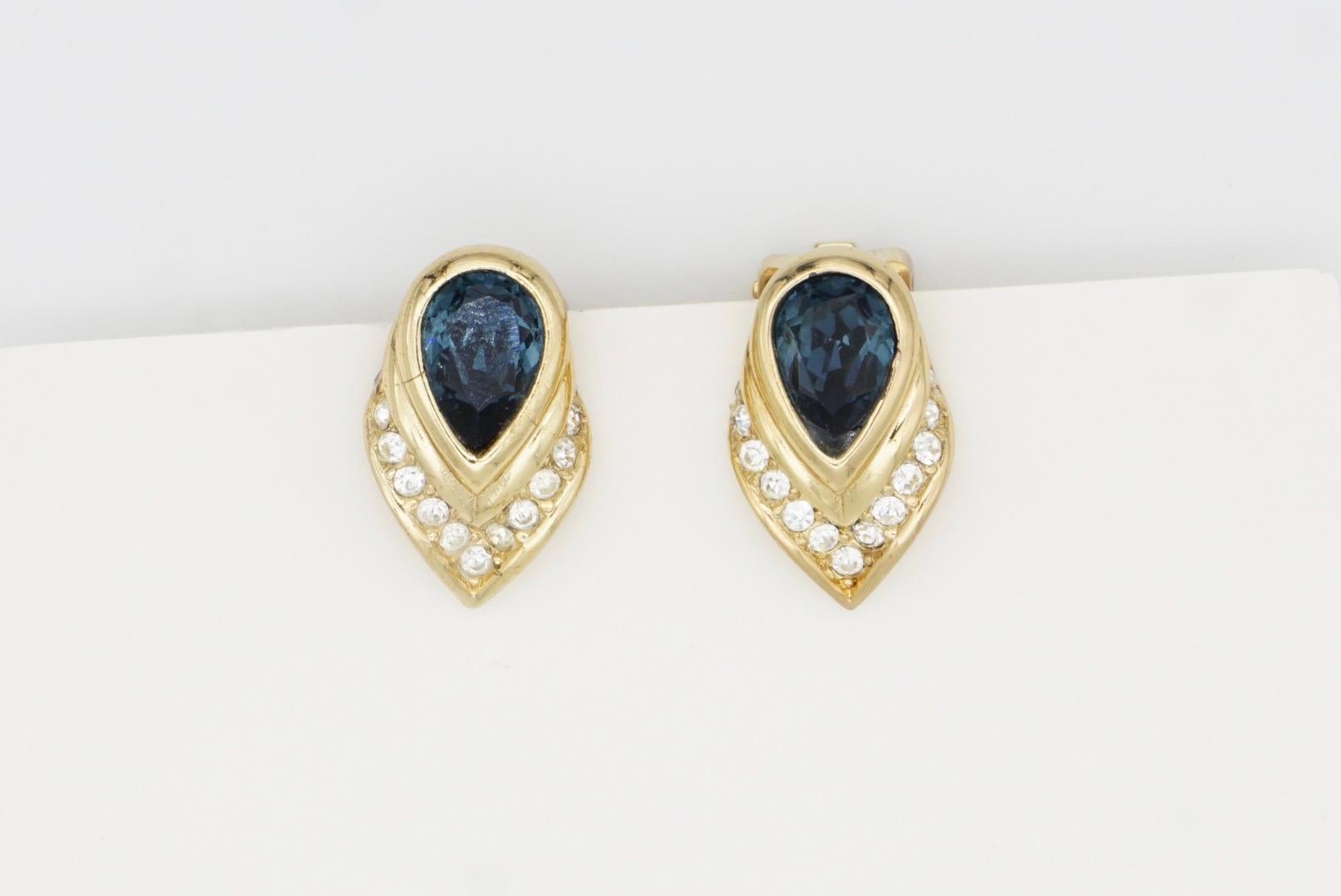 Christian Dior Vintage Sapphire Peacock Feather Crystal Tear Drop Clip Earrings For Sale 4