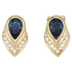 Christian Dior Vintage Sapphire Peacock Feather Crystal Tear Drop Clip Earrings