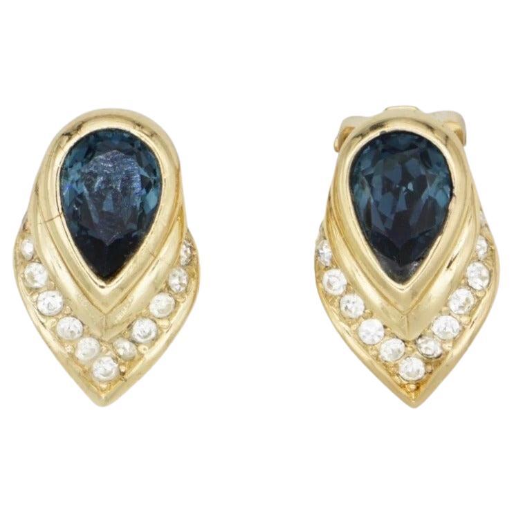 Christian Dior Vintage Sapphire Peacock Feather Crystal Tear Drop Clip Earrings For Sale