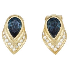 Christian Dior Vintage Sapphire Peacock Feather Crystal Tear Drop Clip Earrings