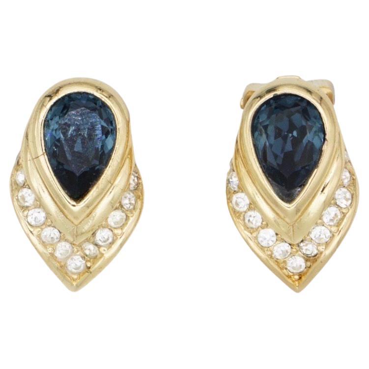 Christian Dior Vintage Sapphire Peacock Feather Crystal Tear Drop Clip Earrings