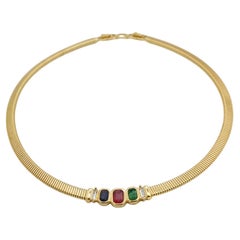 Christian Dior Vintage Sapphire Ruby Emerald Octagon Crystals Omega Necklace