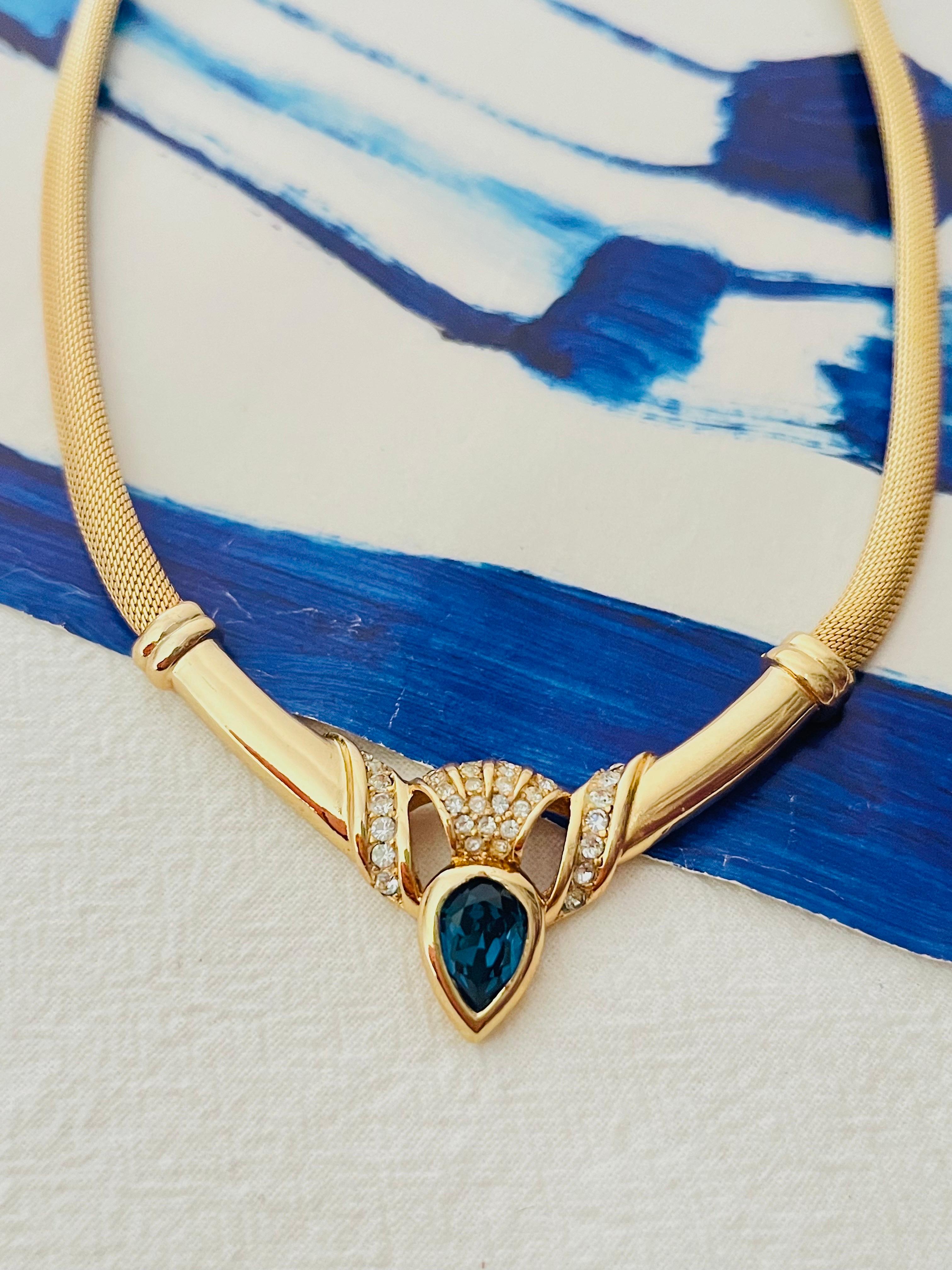 Art Deco Christian Dior Vintage Sapphire Water Tear Drop Crystals Omega Mesh Necklace For Sale