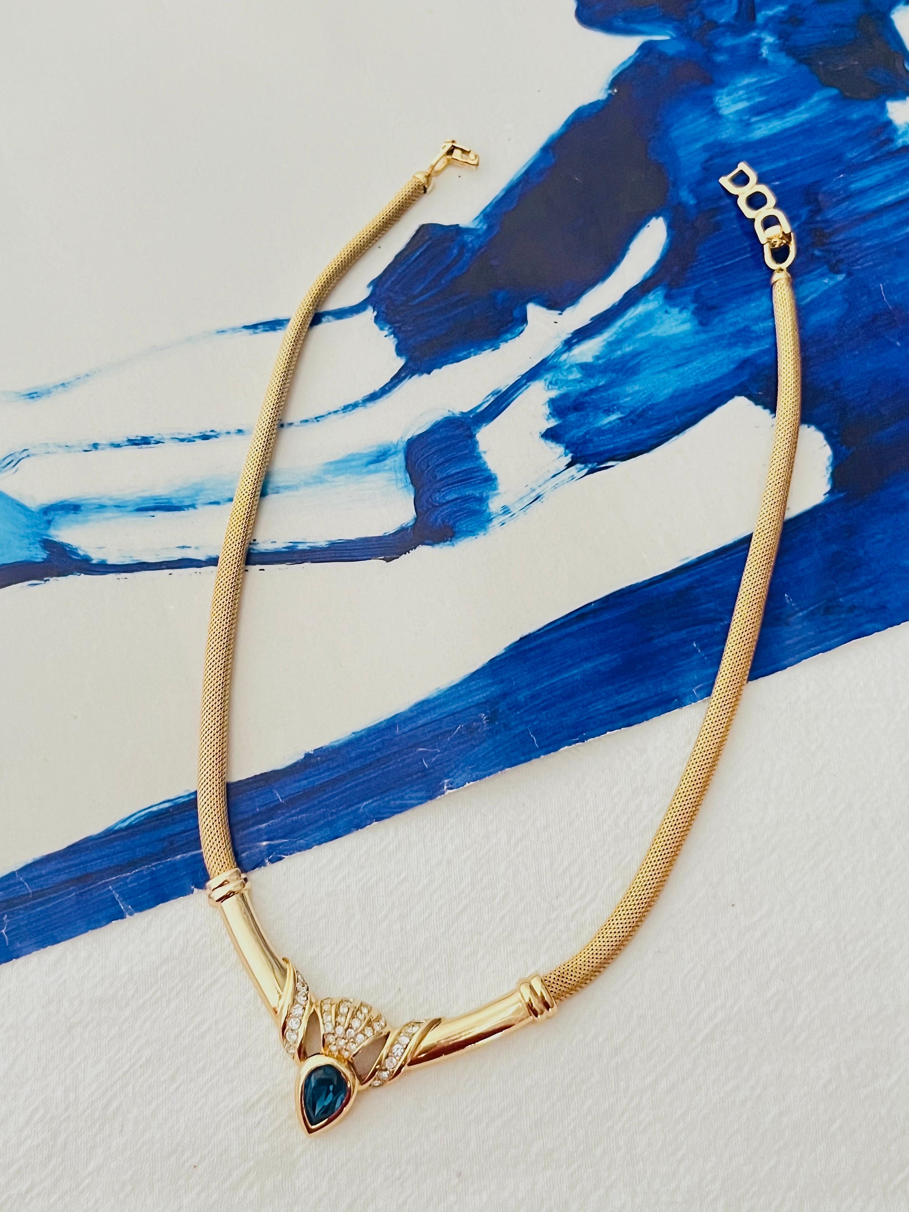 Women's Christian Dior Vintage Sapphire Water Tear Drop Crystals Omega Mesh Necklace For Sale