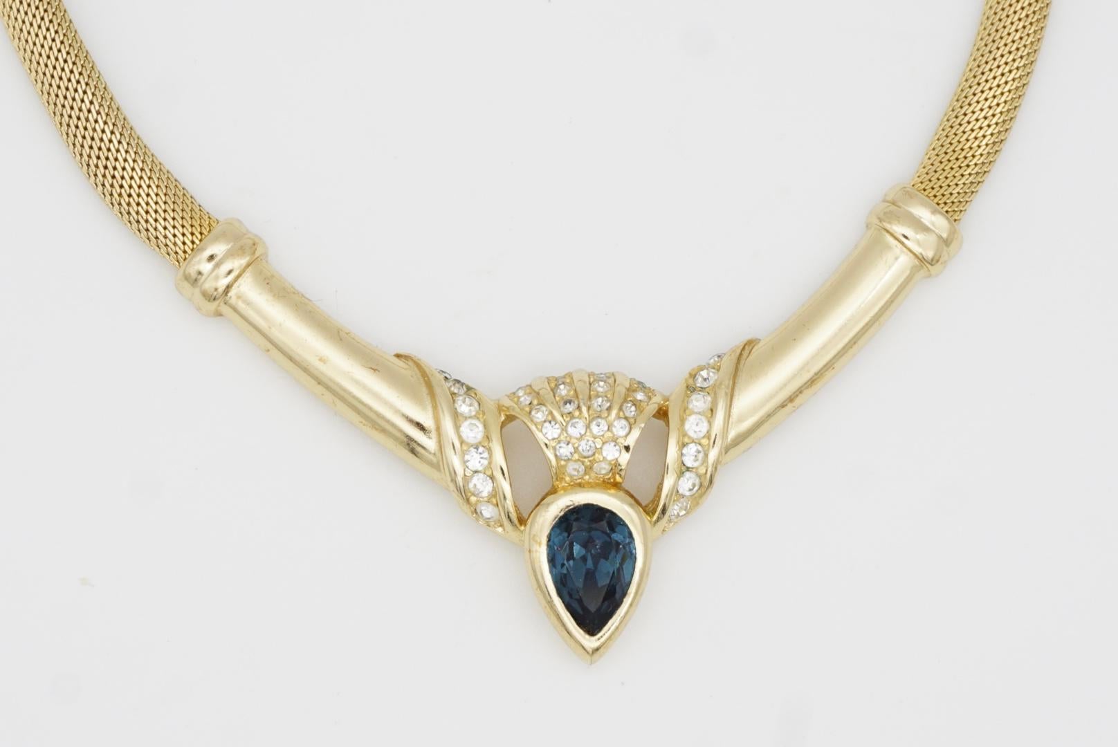 Christian Dior Vintage Sapphire Water Tear Drop Crystals Omega Mesh Necklace 2