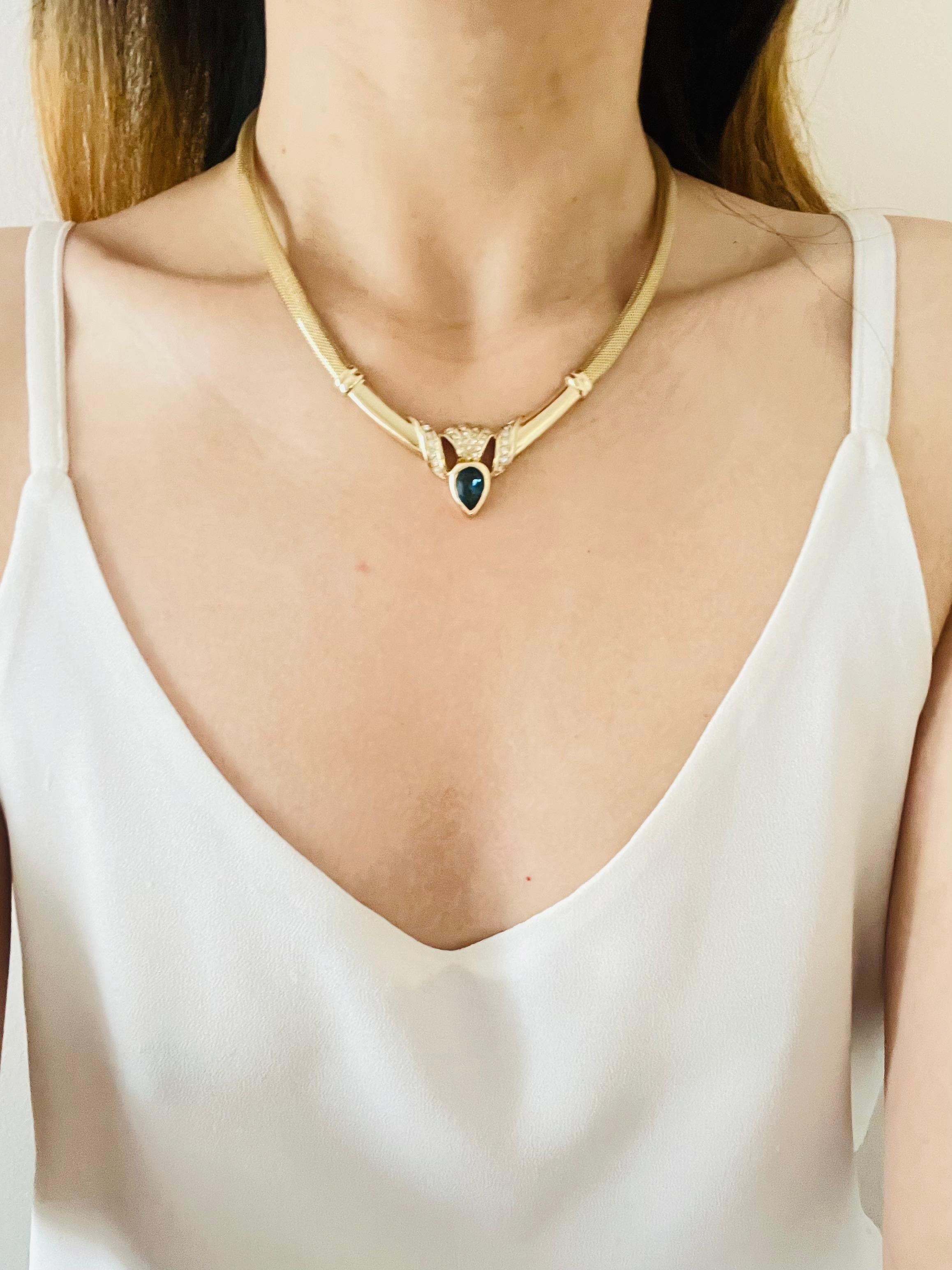 Christian Dior Vintage Sapphire Water Tear Drop Crystals Omega Mesh Necklace For Sale 2