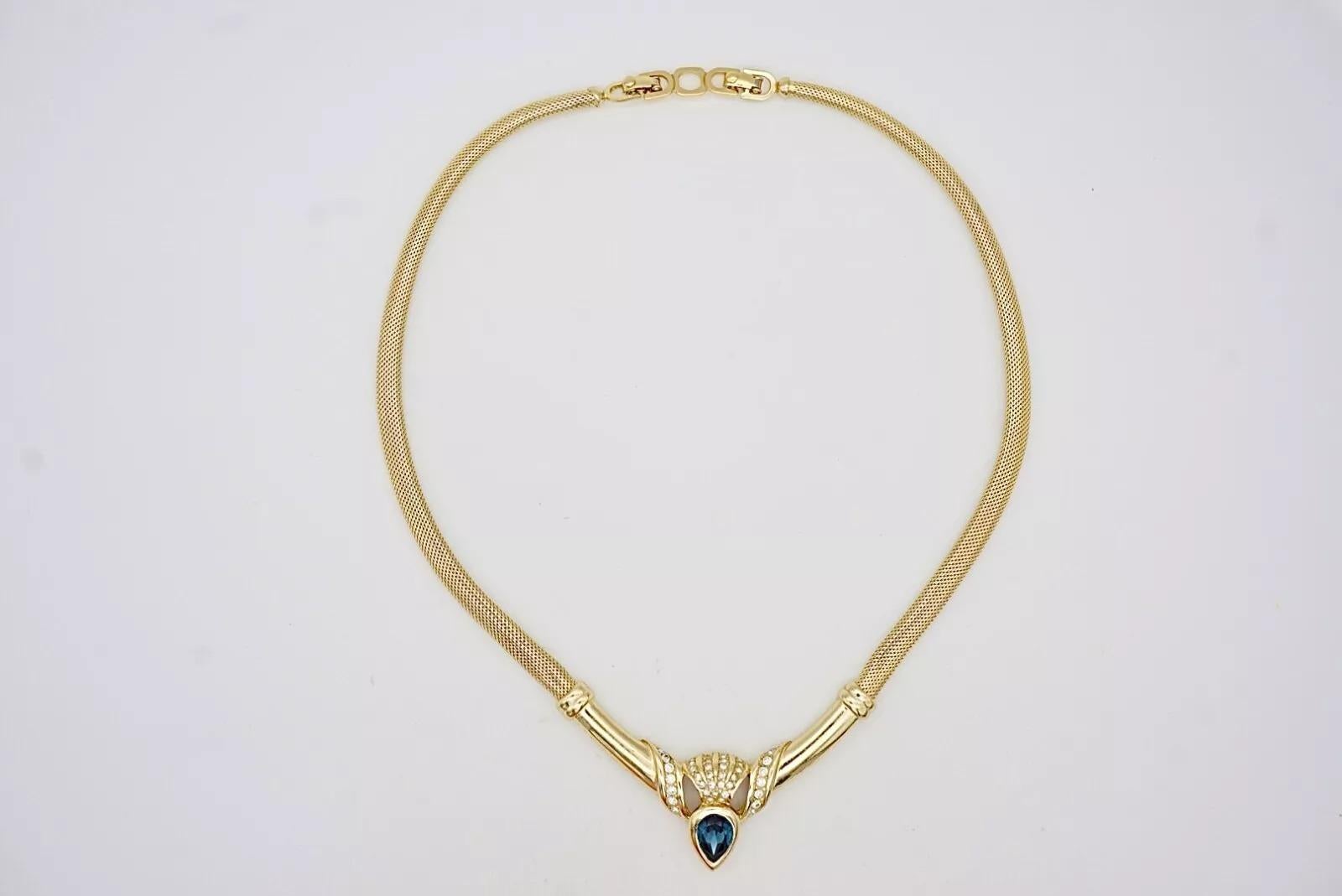 Christian Dior Collana Vintage Zaffiro Acqua Goccia di Lacrima Cristalli Omega Mesh in vendita 3