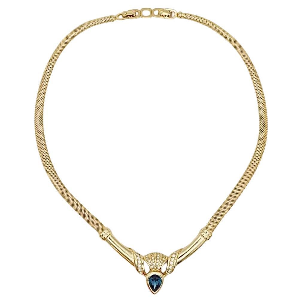 Christian Dior Vintage Sapphire Water Tear Drop Crystals Omega Mesh Necklace