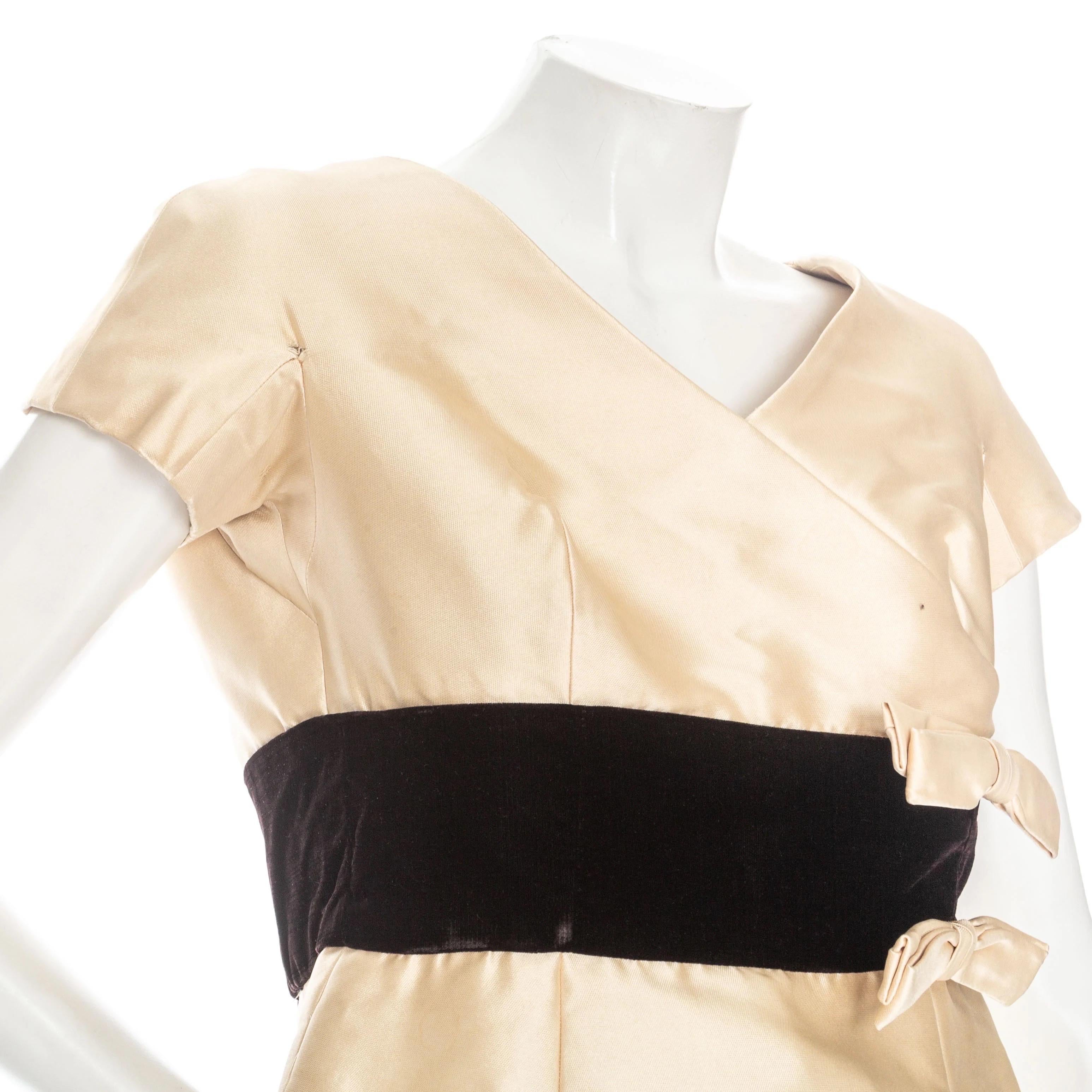 Women's Christian Dior Vintage Satin and Velvet Bow Adorned Dress (1950s)