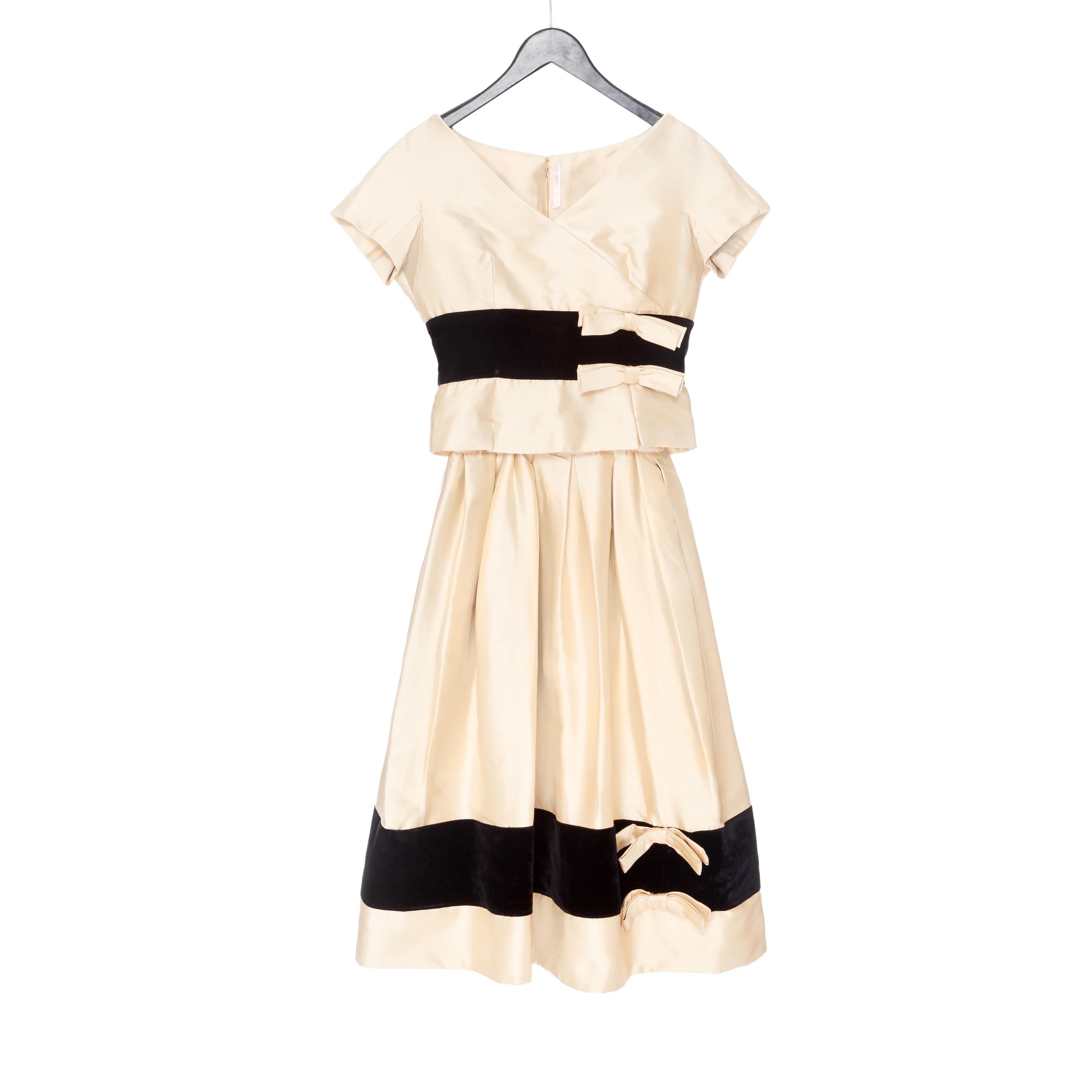 Christian Dior Vintage Satin and Velvet Bow Adorned Dress (1950s) 1