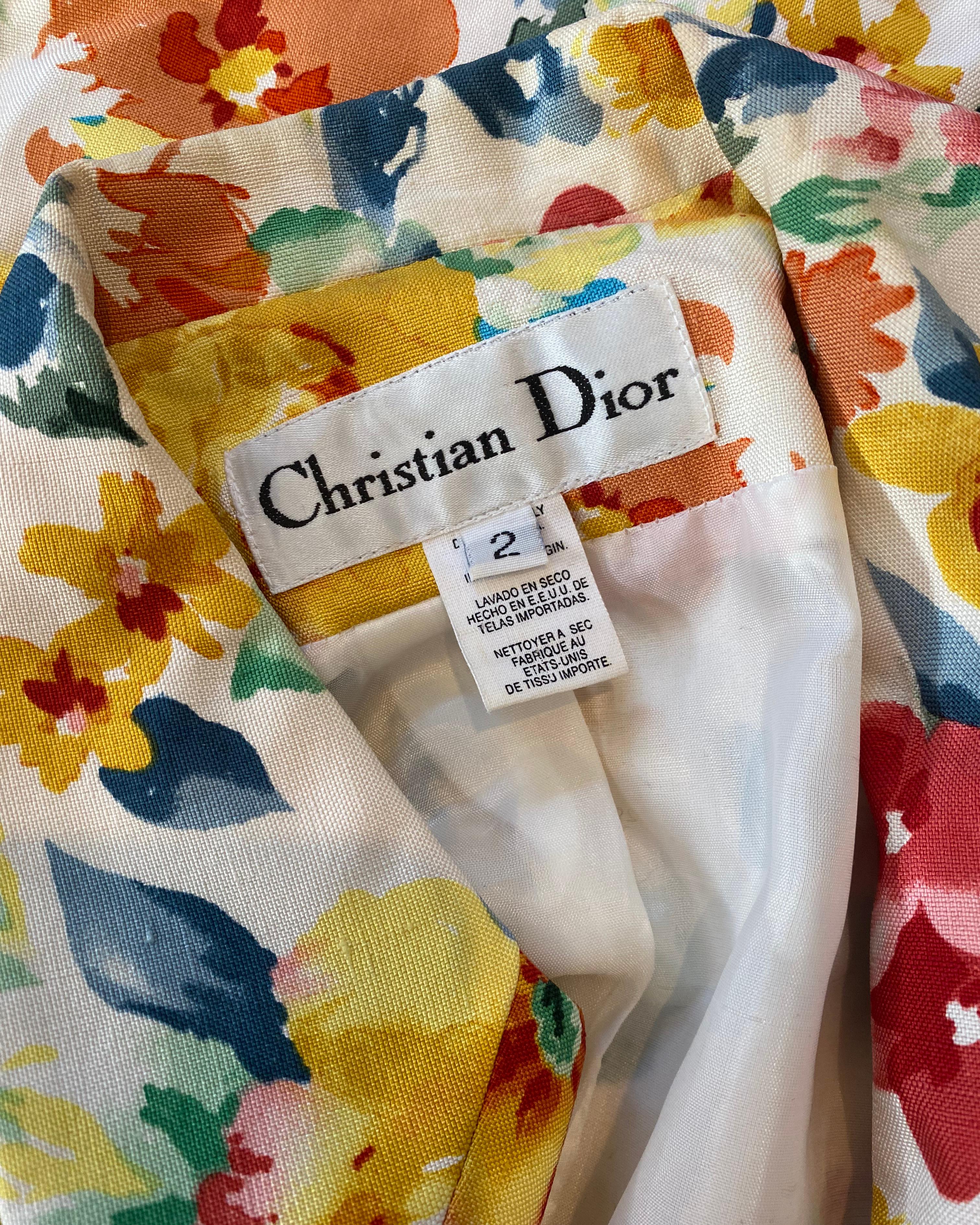 Christian Dior vintage silk white fitted red yellow blazer dress jacket US 2 For Sale 4