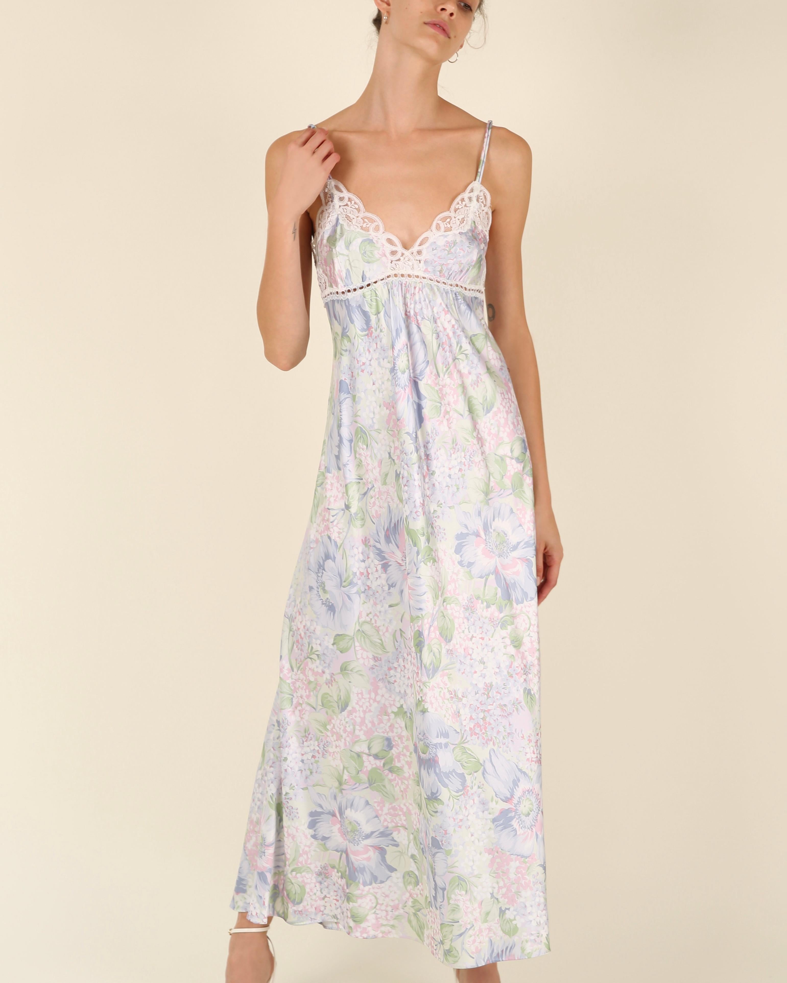 Christian Dior vintage silky lilac floral print lace night gown slip maxi dress For Sale 2