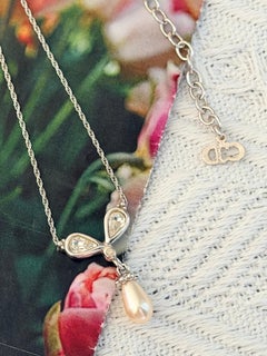 Christian Dior Vintage Silver Crystals Leaf White Pearl Water Tear Drop Necklace